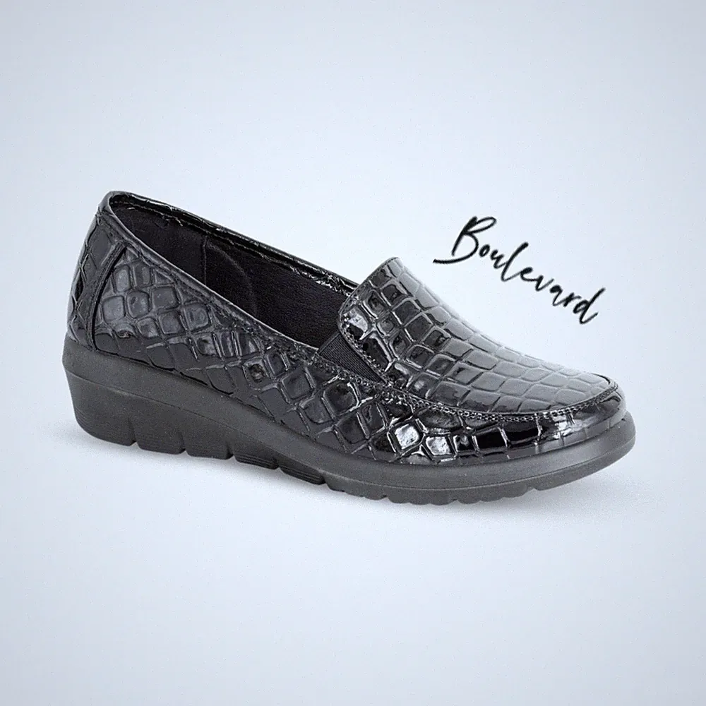 Damenschuhe Lack Kroko Keilabsatz Boulevard Slipper Komfort Büroschuhe UK 3–8