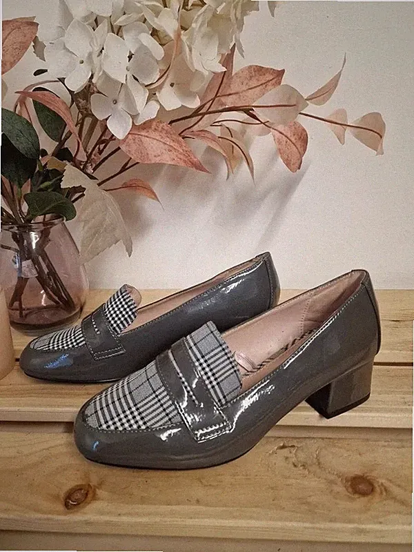 Damenschuhe Next Comfort Grau Lack Glen Plaid Check Smart Loafer UK 4 EU 37