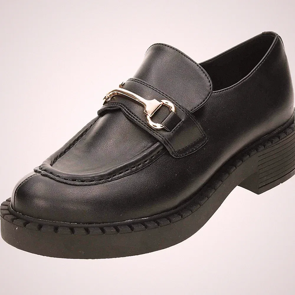 Damenschuhe schwarz niedriger Absatz Slipper Kunstleder Schulhalbschuh