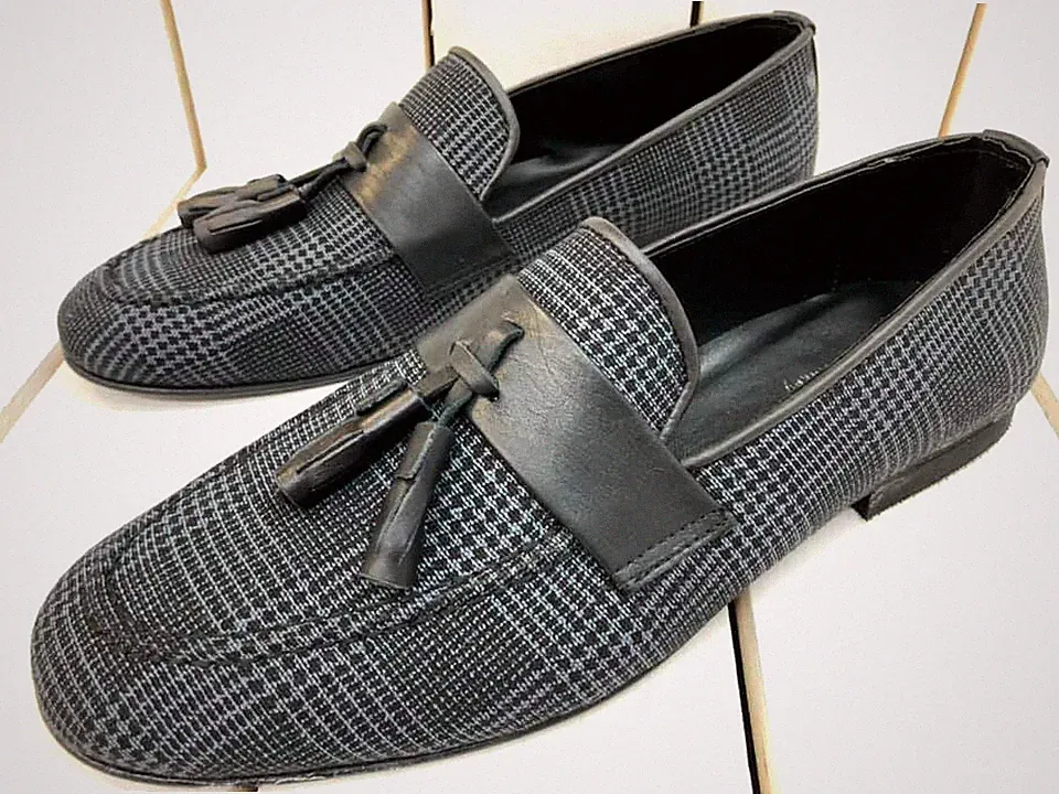 Designer Slipper Loafers Grau Anthrazit Kariert Mokassin Mokassins Herrenschuhe