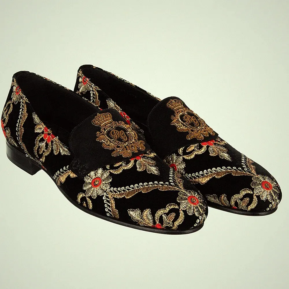 DOLCE & GABBANA Barock Samt Loafer Schuhe VIVALDI Krone Stickerei Schwarz 12087