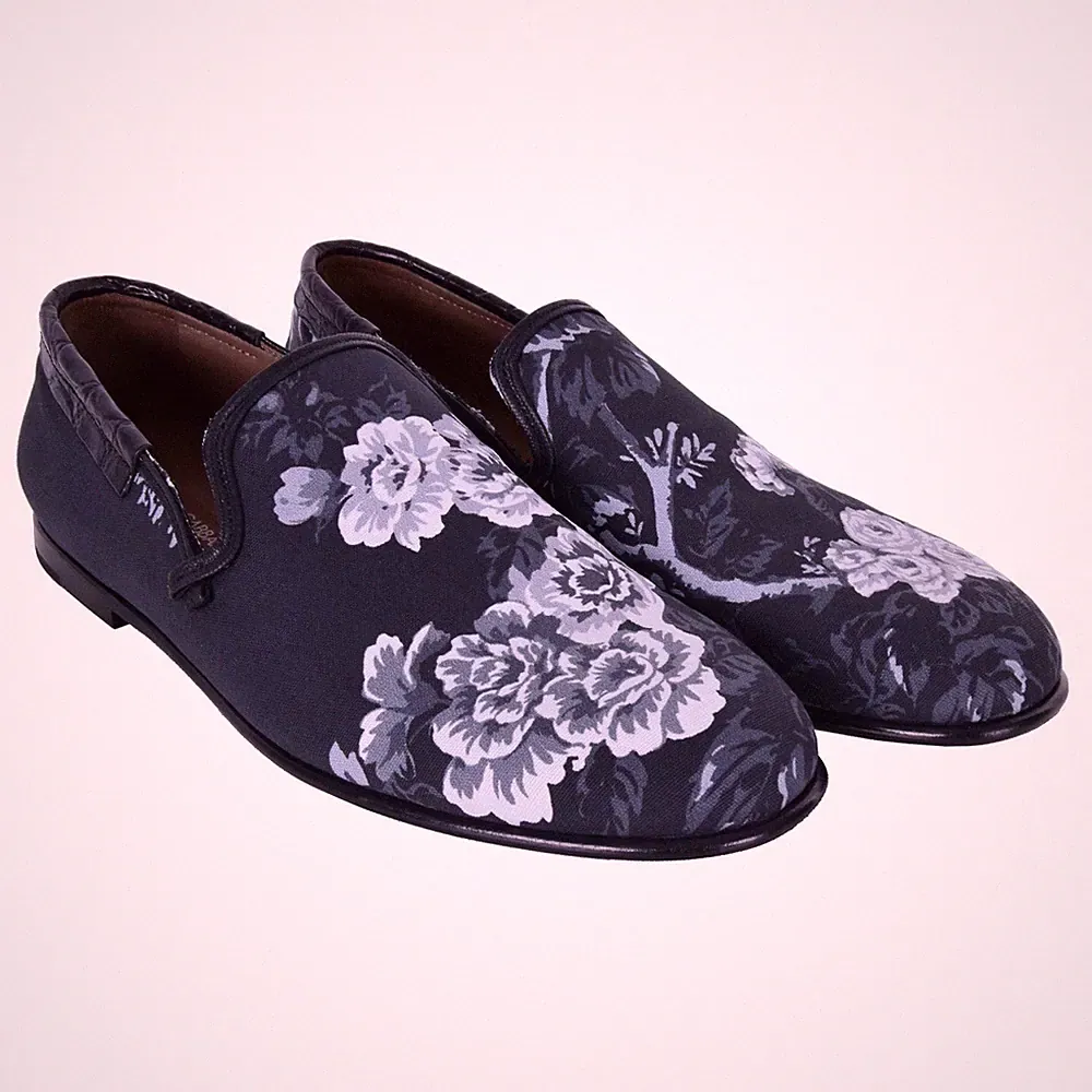 DOLCE & GABBANA Blumen Canvas Kroko Leder Loafer Schuhe AMALFI Grau Schwarz