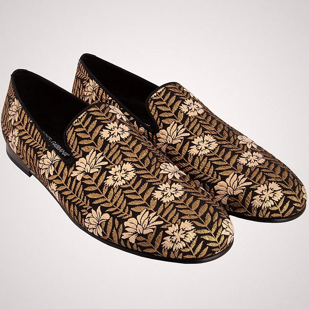 DOLCE & GABBANA Blumen Floral Jacquard Loafer Schuhe AMALFI Schwarz Gold