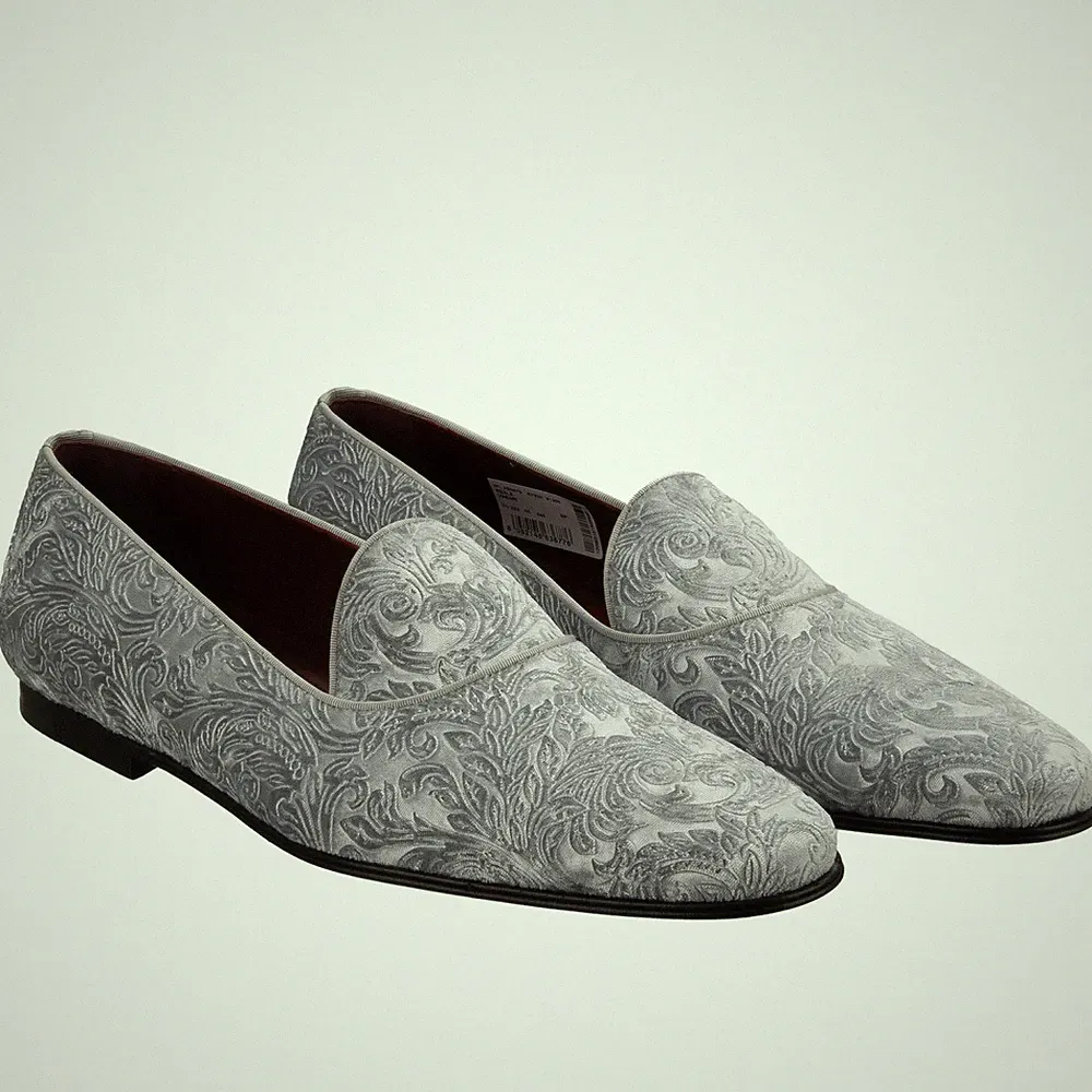 DOLCE & GABBANA DG Logo Barock Samt Loafer Mokassins Schuhe Grau 44 UK 10 US 11