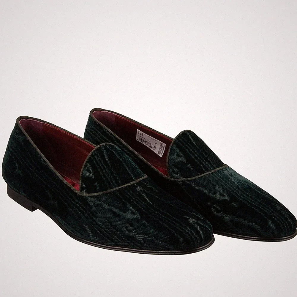 DOLCE & GABBANA DG Logo Moire Samt Loafer Mokassins Schuhe Grün 44 UK 10 US 11