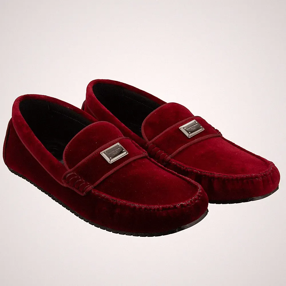 DOLCE & GABBANA DG Metall Logo Samt Mokassins Schuhe Loafer Bordeaux 44 UK 10