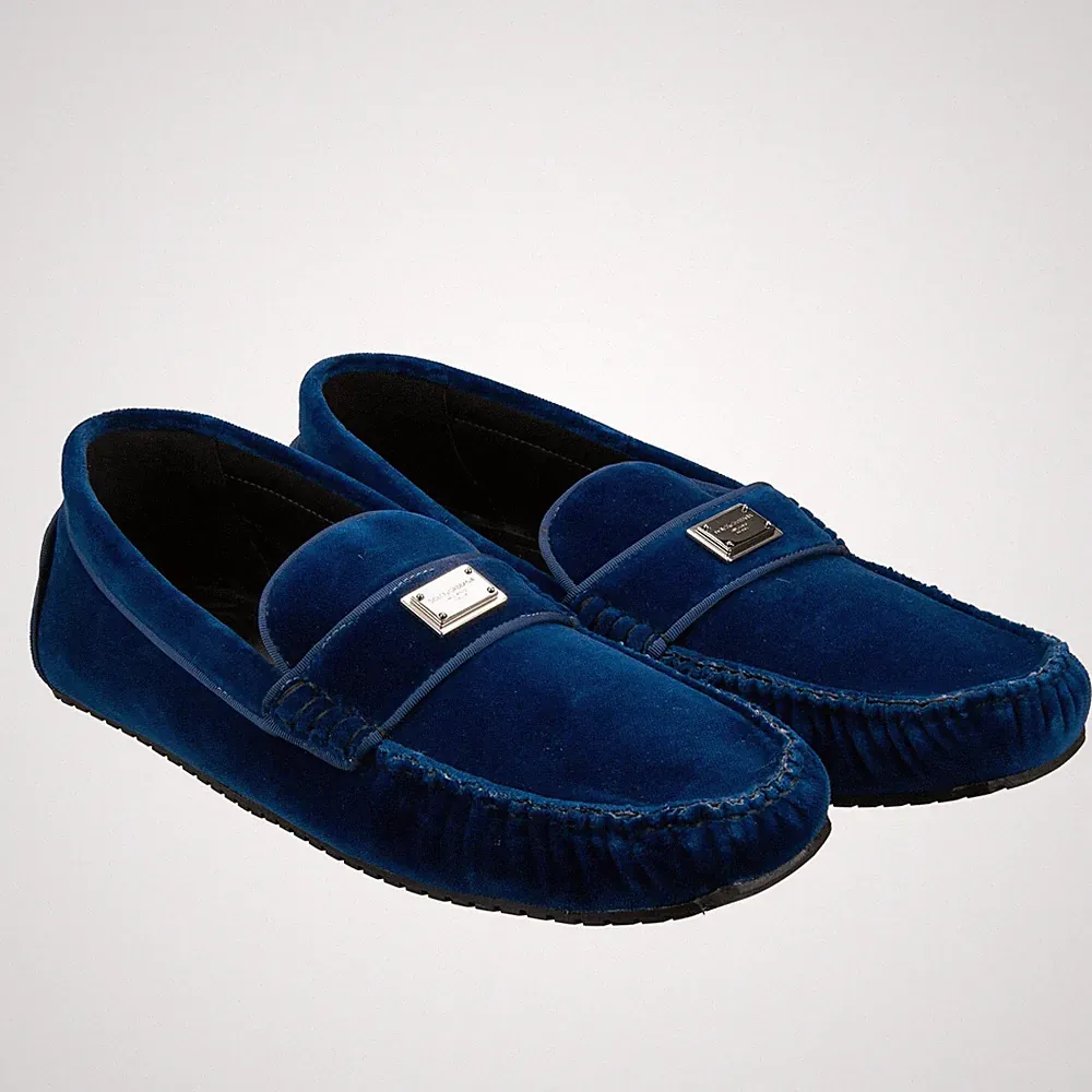 DOLCE & GABBANA DG Metall Logo Samt Mokassins Schuhe Loafer PANAREA Blau 44