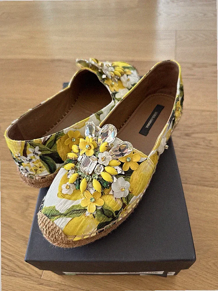DOLCE & GABBANA Espadrilles Schuhe Loafer Gelb Zitrone mit Kristallen Gr. 38