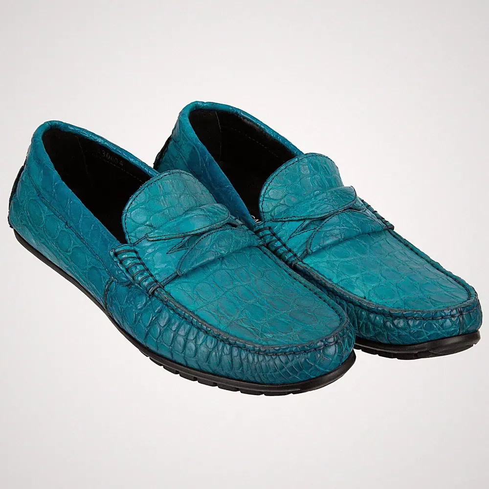 DOLCE & GABBANA Kaiman Kroko Leder Loafer Mokassins Schuhe RAGUSA Türkis Blau