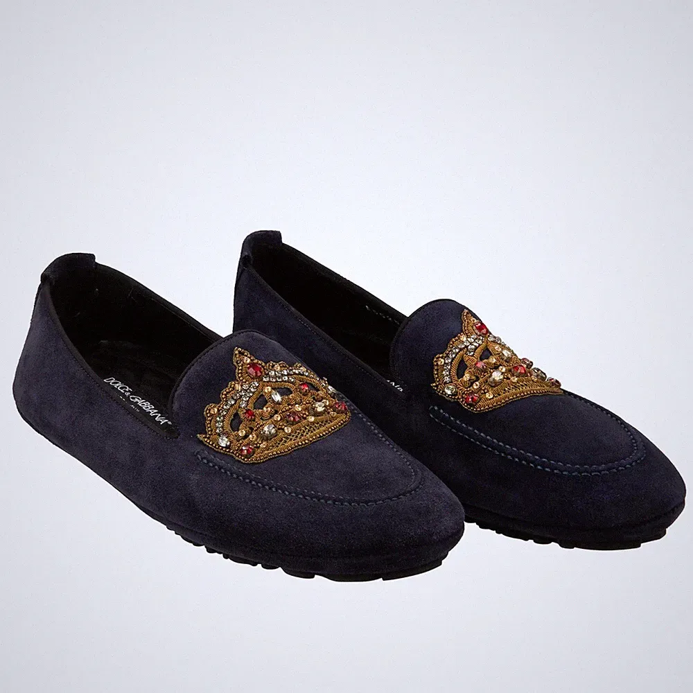 DOLCE & GABBANA Kristall Gold Krone Wildleder Loafer Schuhe KING DRIVER Blau