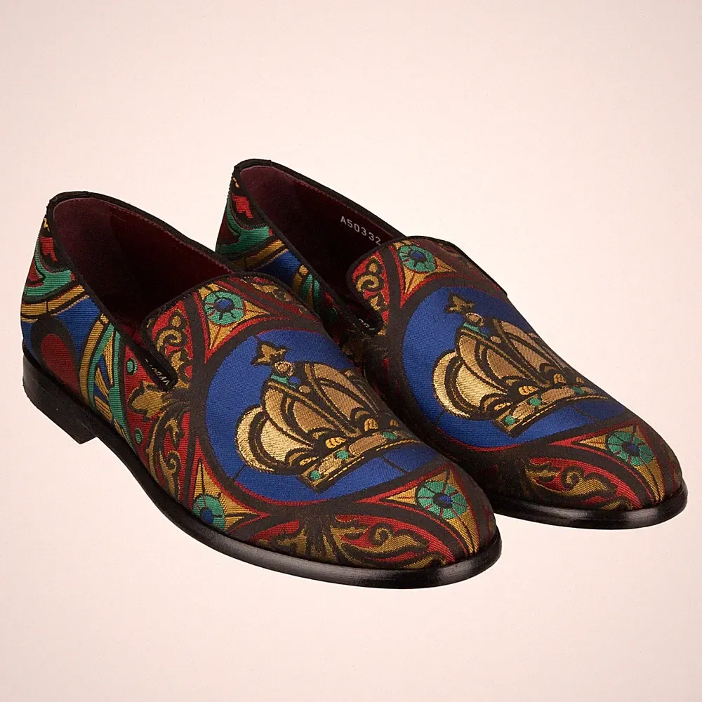 DOLCE & GABBANA Krone Lurex Jacquard Loafer Schuhe MILANO Gold Blau 12694