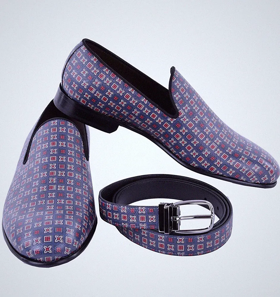 DOLCE & GABBANA Leder Loafer Schuhe MILANO und Gürtel Geschenkset Blau Rot 04882
