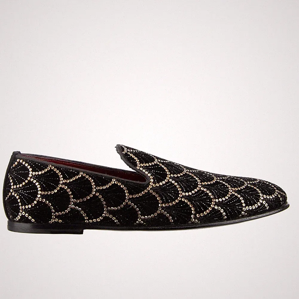 DOLCE & GABBANA Loafer Schuhe ISPICA mit Kristall Stickerei Schwarz Gold 09671
