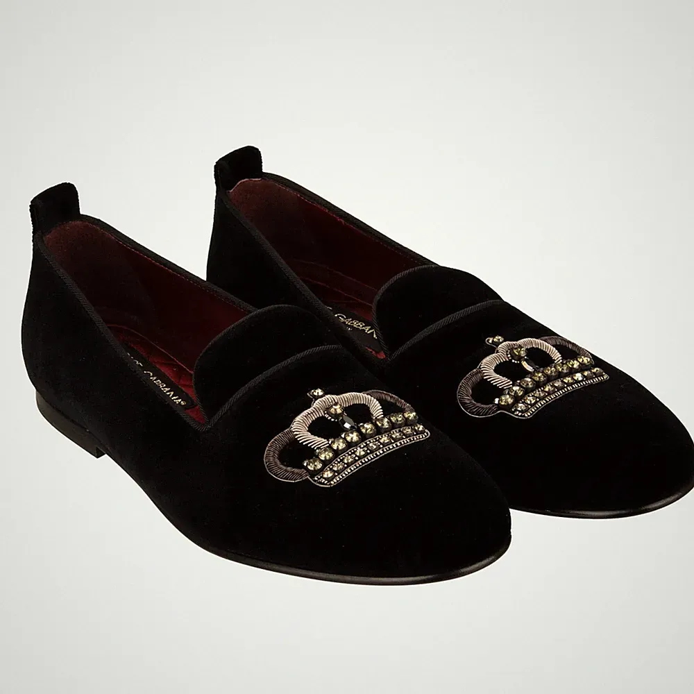 DOLCE & GABBANA Loafer Schuhe YOUNG POPE mit Kristallen Krone Stickerei Schwarz