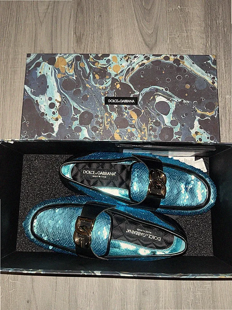 Dolce & Gabbana Loafer / Slipper mit Pailletten – Türkis Blau – Made in Italy