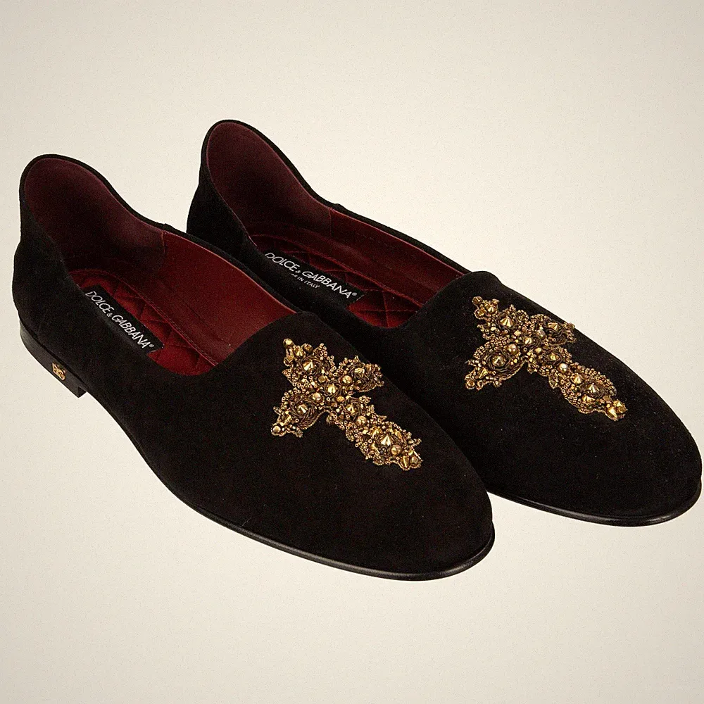DOLCE & GABBANA Perlen Kreuz Loafer Schuhe Mokassins SULTANO Schwarz Gold