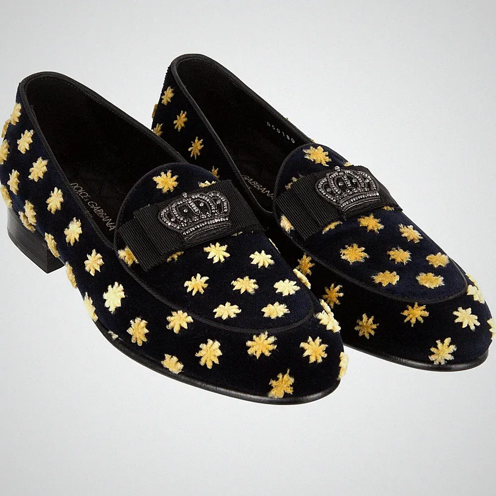 DOLCE & GABBANA Samt Loafer Schuhe LUKAS Stern Krone Stickerei Schwarz 12086
