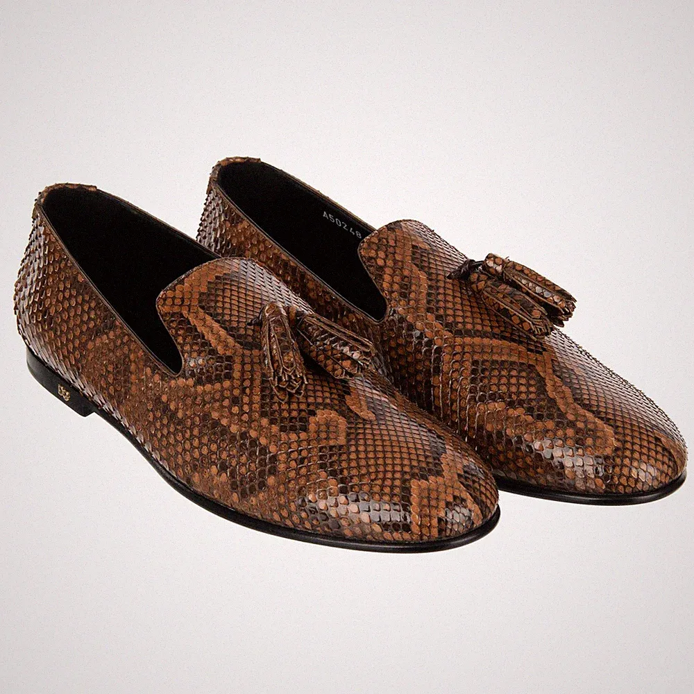 DOLCE & GABBANA Schlange Leder Quasten Loafer Schuhe YOUNG POPE Braun 12108