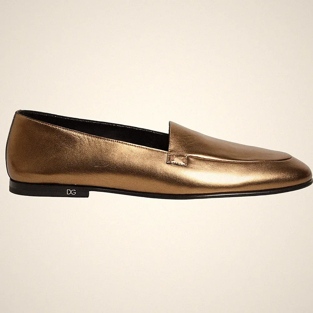 DOLCE & GABBANA Schuhe Gold Leder DG Logo Slipper Herren Halbschuhe EU42 / US...