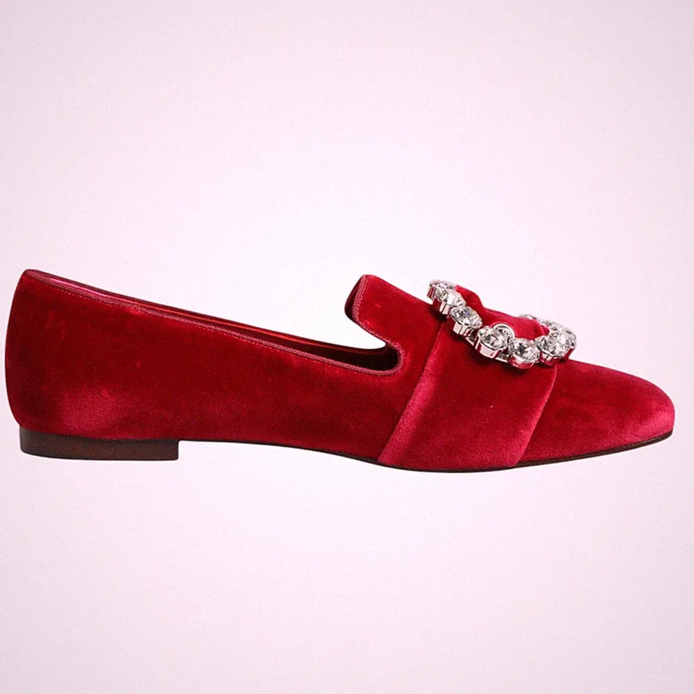 DOLCE & GABBANA Schuhe rot Samt Kristall Schnalle Halbschuhe flache Schuhe EU...