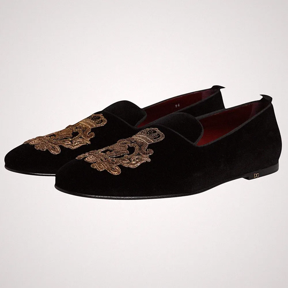 DOLCE & GABBANA Schuhe Schwarz Samt Gold Krone Herren Halbschuhe EU48 /...