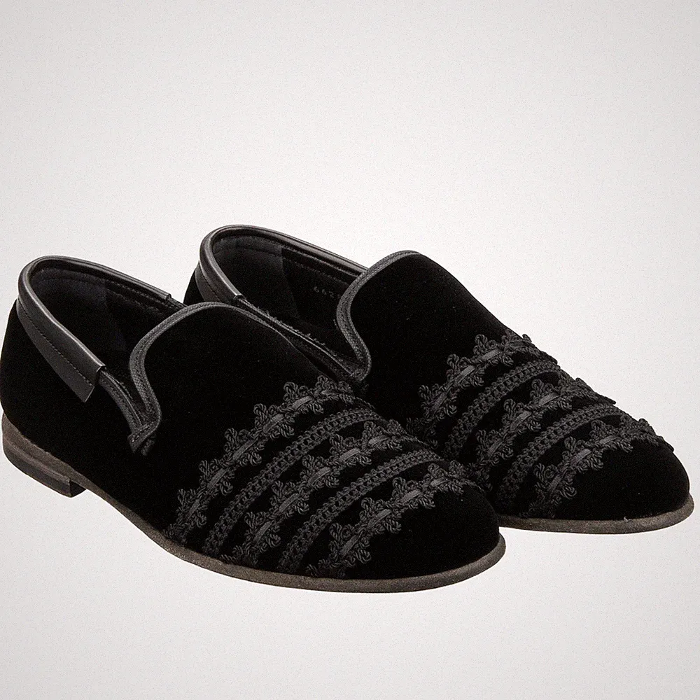 DOLCE & GABBANA Stickerei Samt Loafer Schuhe Mokassins AMALFI Schwarz
