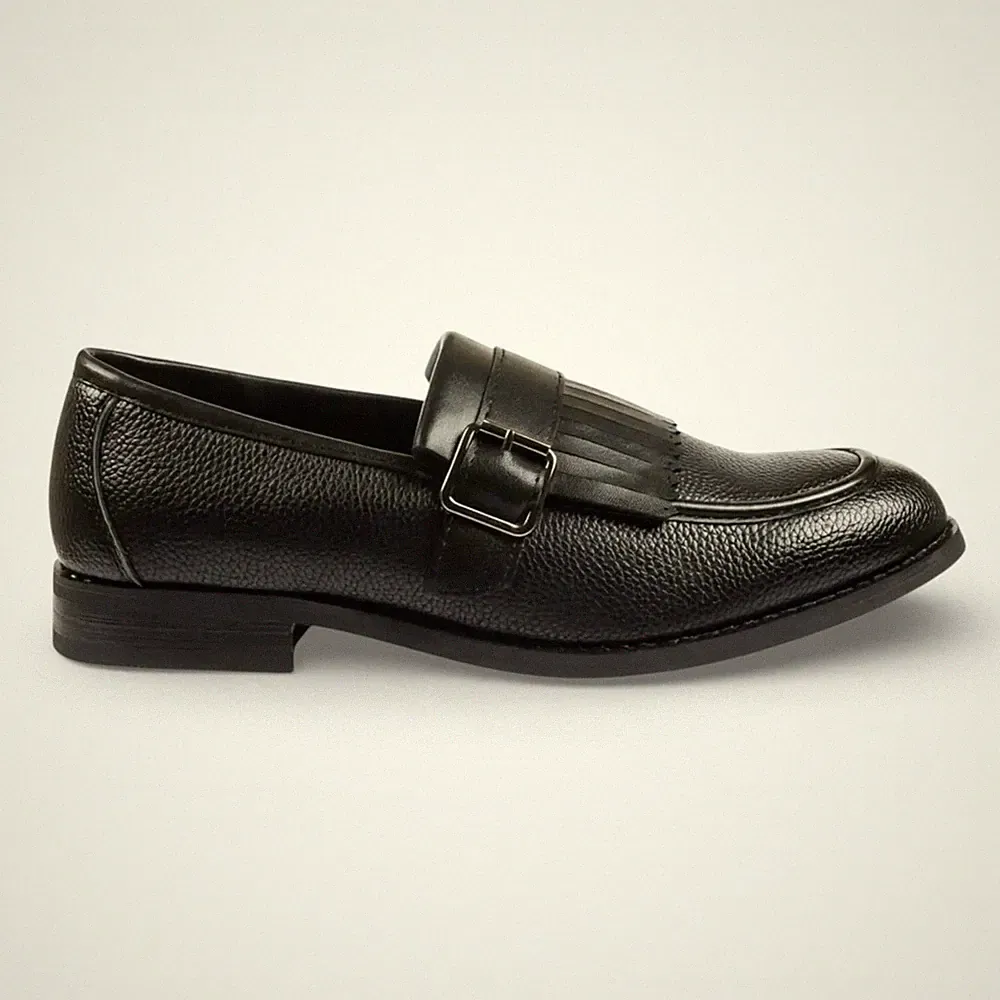 Dolcetto Herren Faux-Leder Schwarze Fransen Monk-Slip-On Loafer Komfort Schuhe