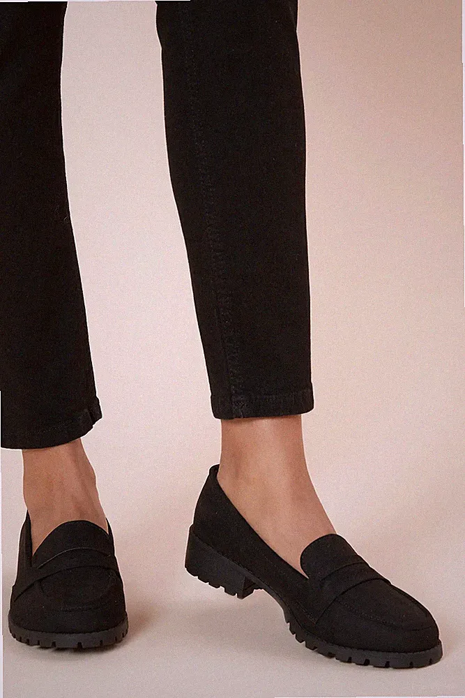 Dorothy Perkins Damen Halbschuhe Flats schwarz Kunstleder weite Passform klobige Sohle