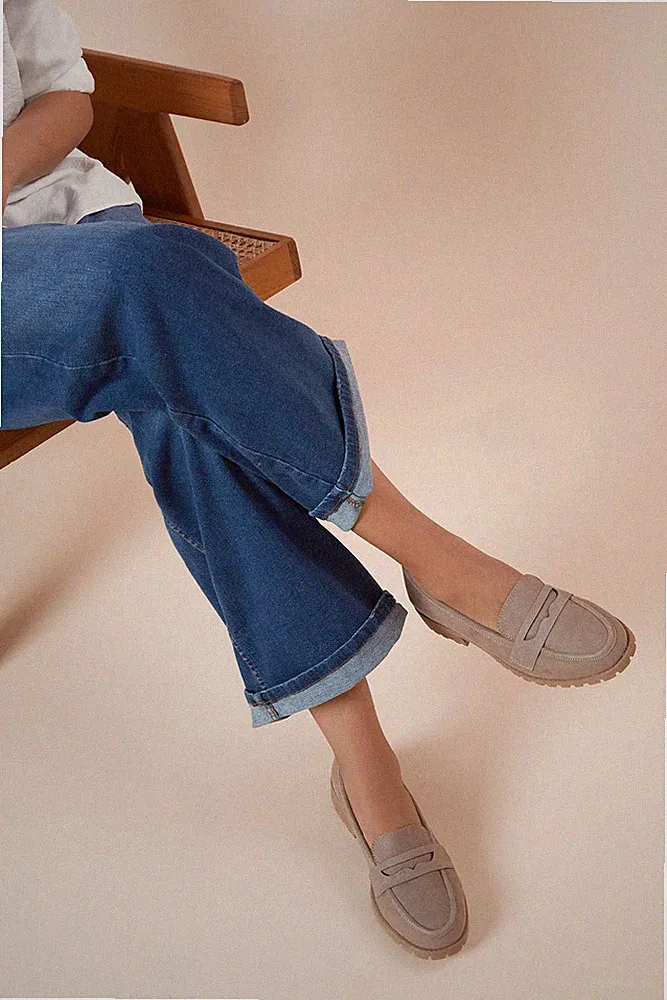 Dorothy Perkins Damen Halbschuhe Flats taupe Kunstleder weite Passform klobige Sohle