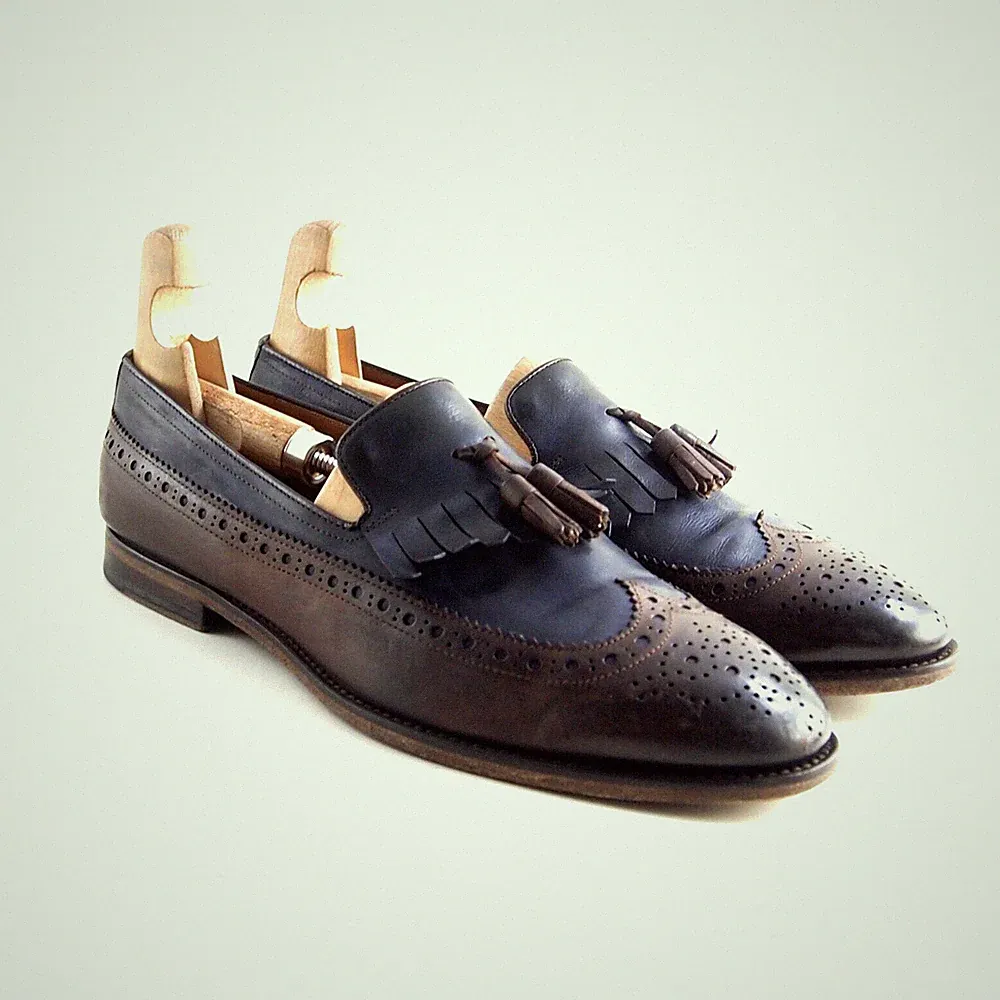 Doucal's Fransen Quasten Slipper Brown Blau Leder Herren Schuhgröße US 9 Eu 42