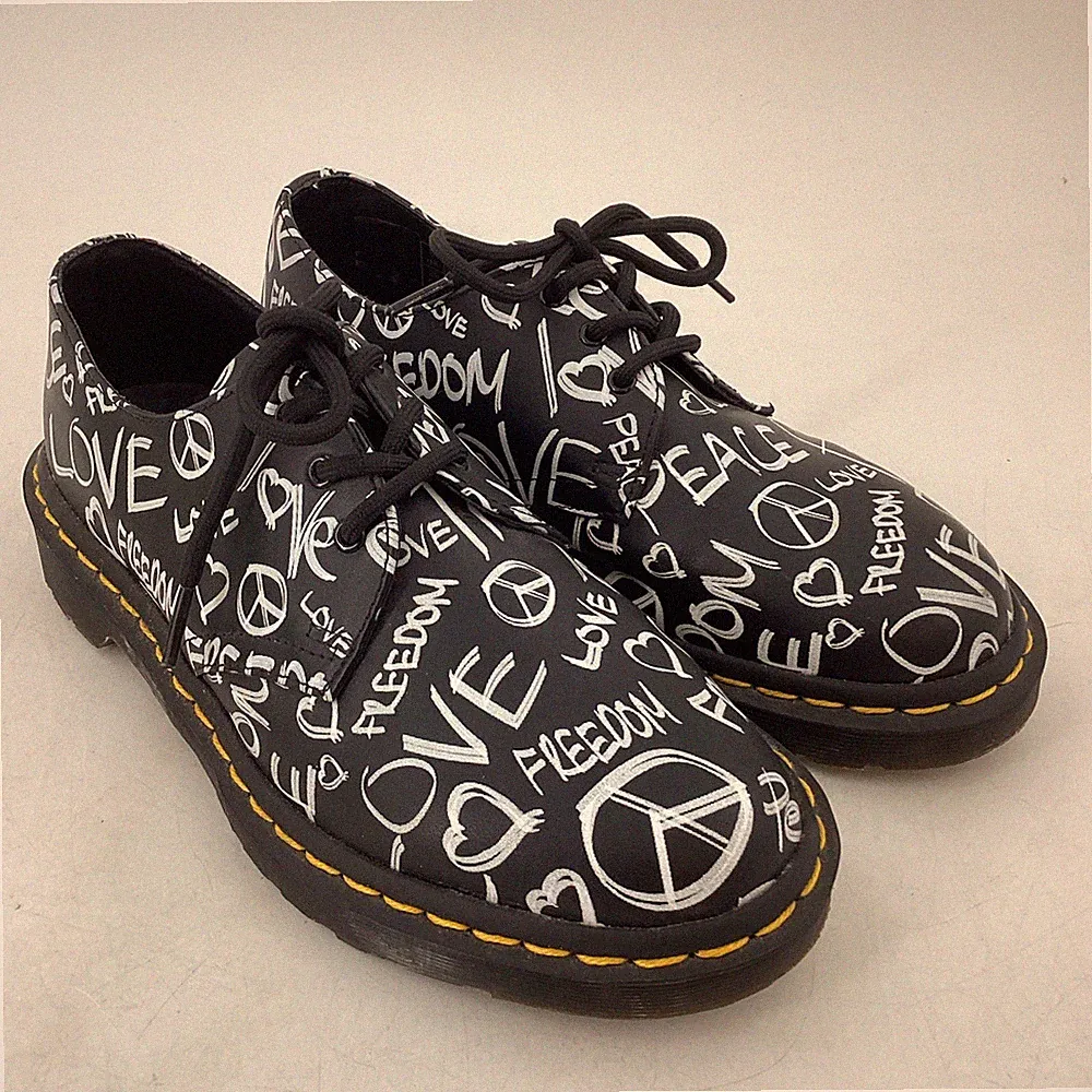 Dr Martens 1461 Peace Love Freedom Schwarz Leder Schuhe UK 6 NEU