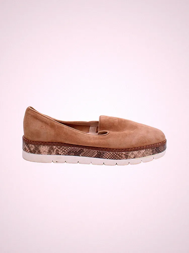 Dune flache Damenschuhe UK 4 hellbraun Animalprint Wildleder mit Leder Loafer