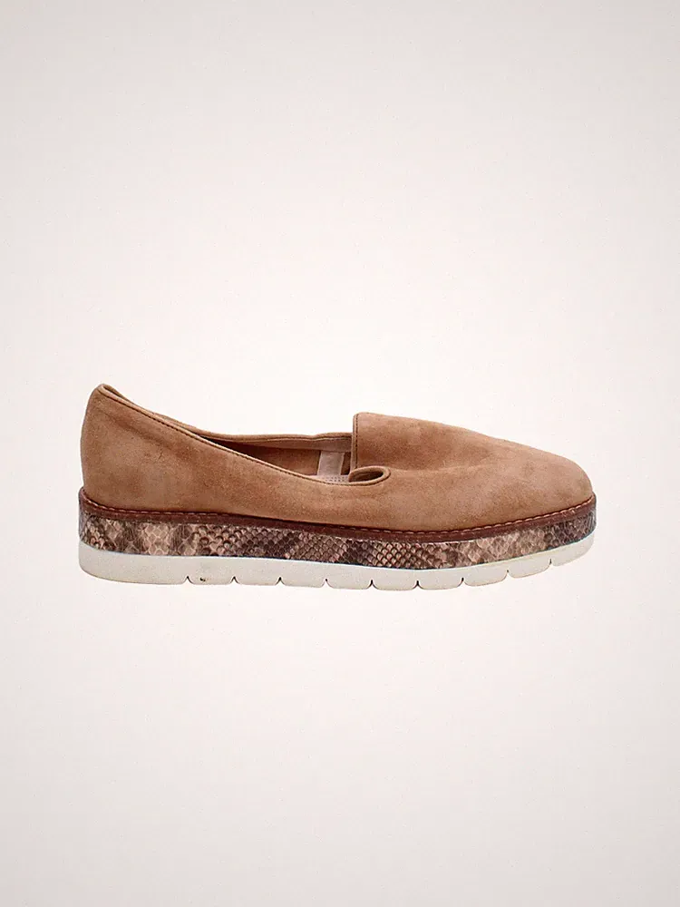 Dune flache Damenschuhe UK 4 hellbraun Animalprint Wildleder mit Leder Loafer