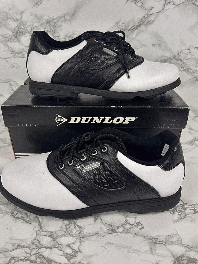 Dunlop schwarz & weiß Saddle Golfschuhe mit Spikes Herren neu mit Karton UK 8