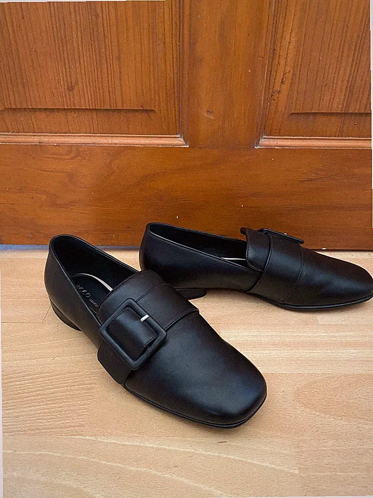 Ecco Anine Squared Black Leather Loafers UK 5 Flats Shoes Buckle BNIB NEW BOXED