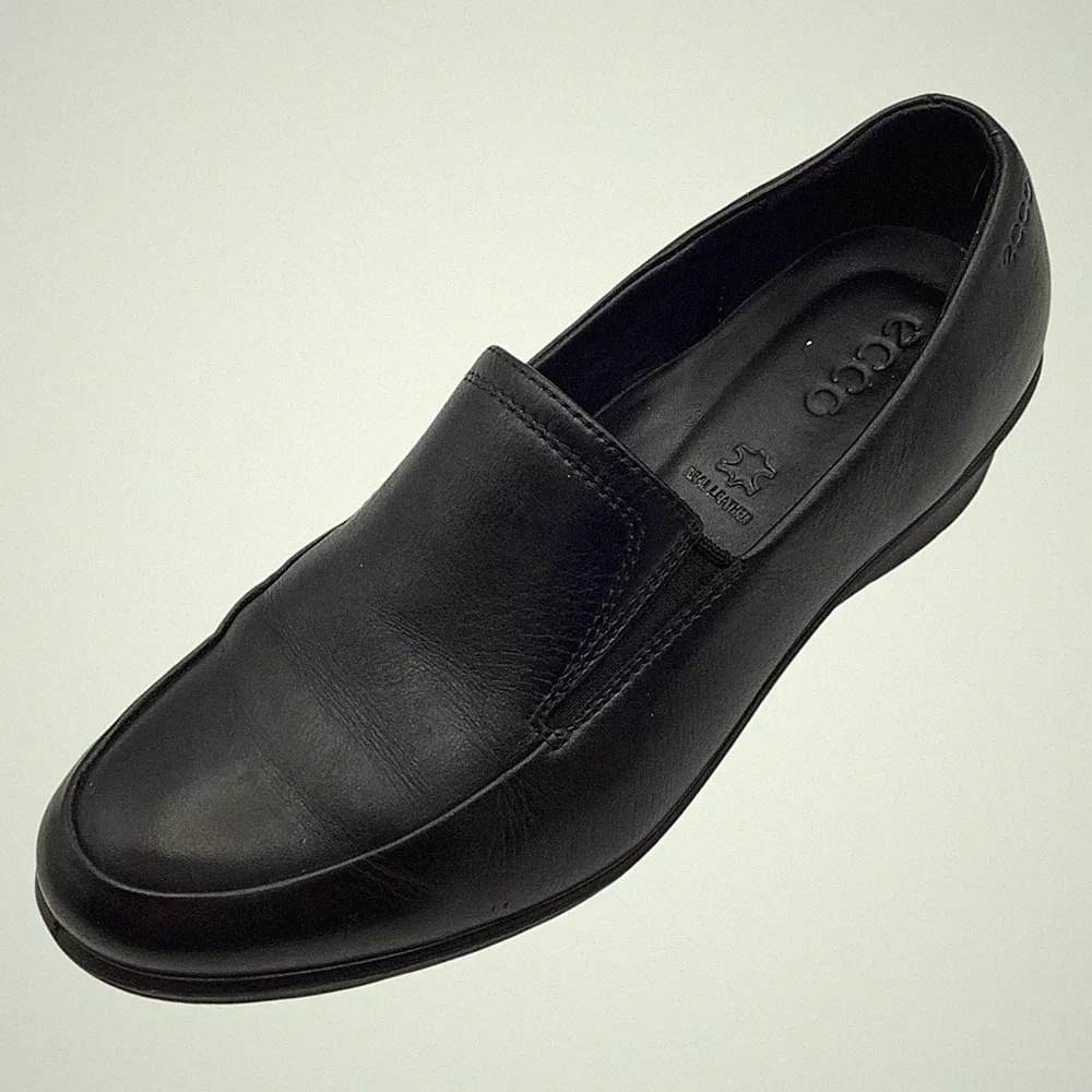 Ecco Damen Halbschuhe UK 5,5 schwarz Leder Keilabsatz Slipper Komfortschuhe