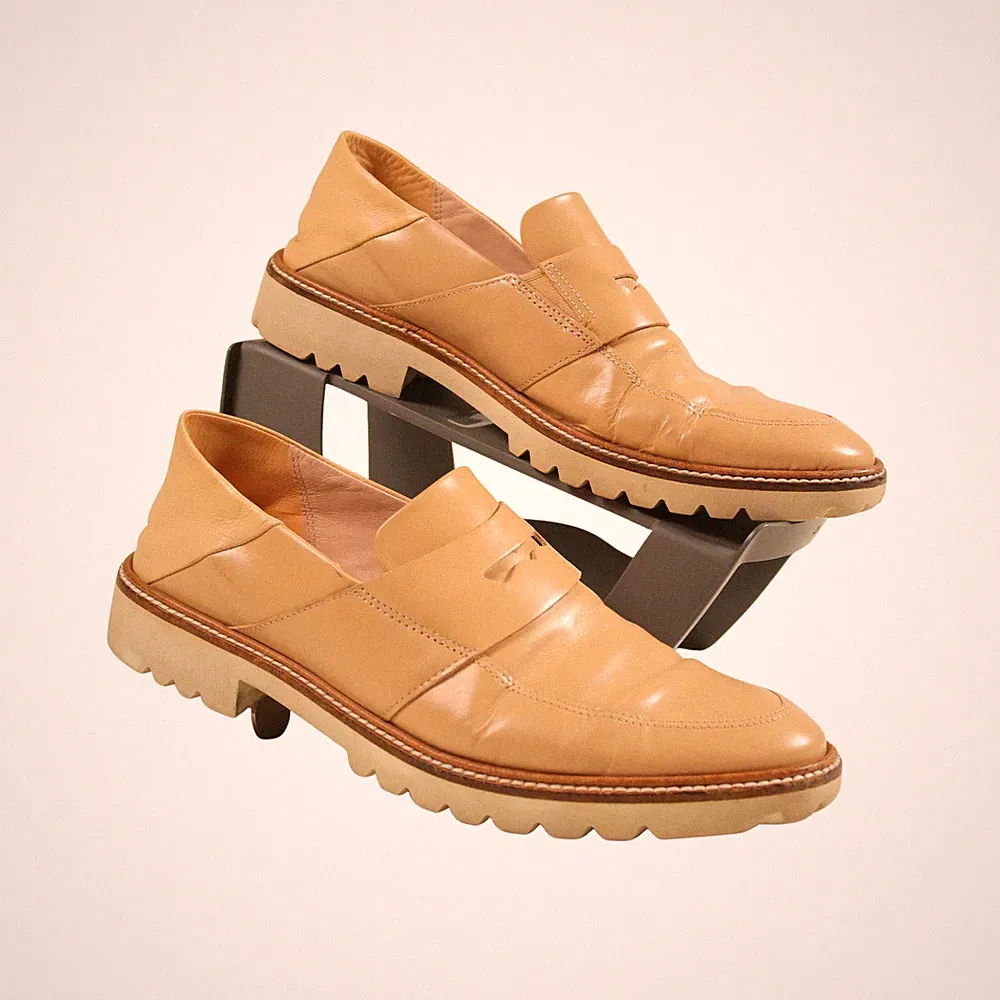 Ecco Incise Penny Loafer Schuhe Größe UK 5,5 Beige Leder Slipper Damen EU 38