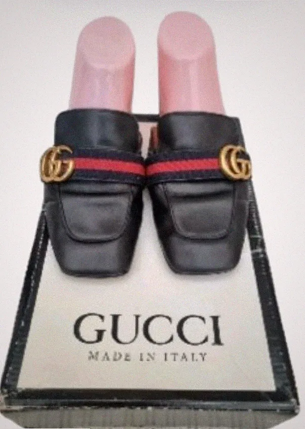 Echte Gucci GG Marmont Peyton Pantoletten Halbschuhe schwarz Leder Flats Gr. Eur38 UK 5