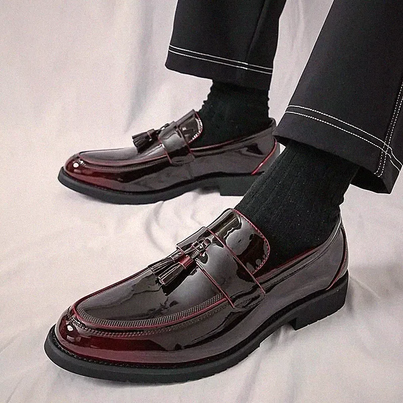 Elegante Herren Halbschuhe Bordeaux Glänzend mit Nappaleder Slipper Absatz 3 cm LX748