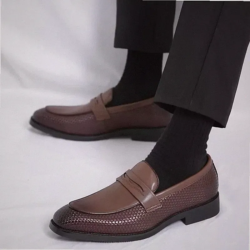 Elegante Herren Halbschuhe Braun Geflochten Slipper Spitze Absatz 3 cm WT964