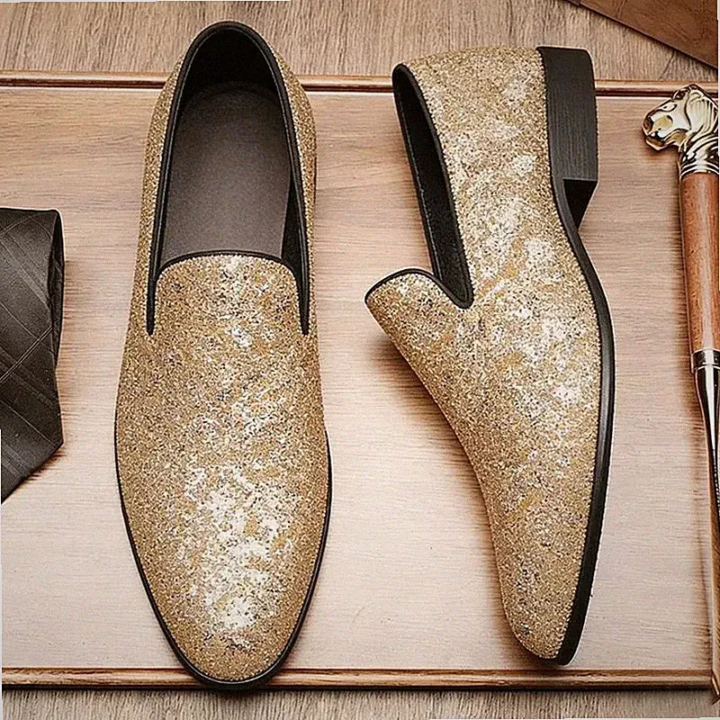 Elegante Herren Halbschuhe Glitzer Gold Zeremonie Party Slipper - P3V8L