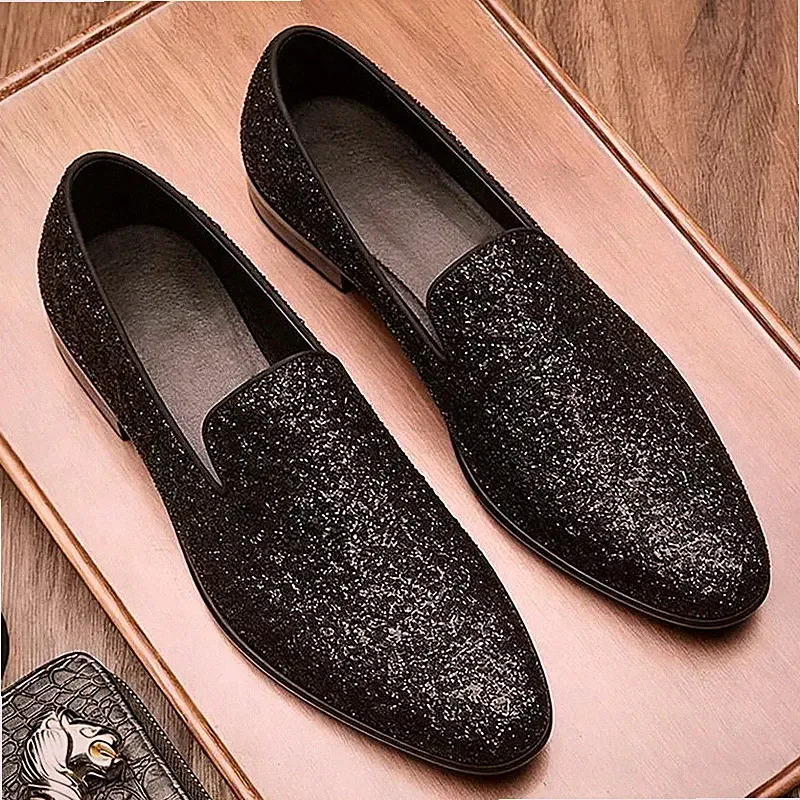 Elegante Herren Halbschuhe Glitzer Schwarz Slipper für Zeremonie und Party Luxus - K