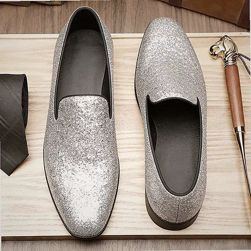 Elegante Herren Halbschuhe Glitzer Silber Zeremonie Party Slipper - T6Q2M
