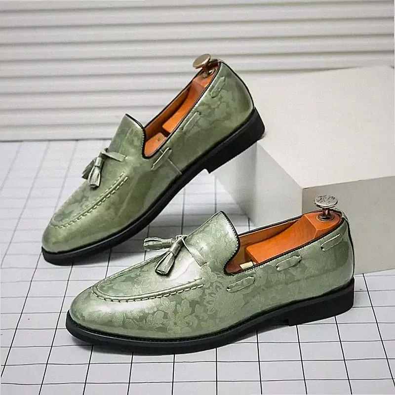 Elegante Herren Halbschuhe Jacquard mit grünem Nappaleder Slipper Zeremonie V8L3X