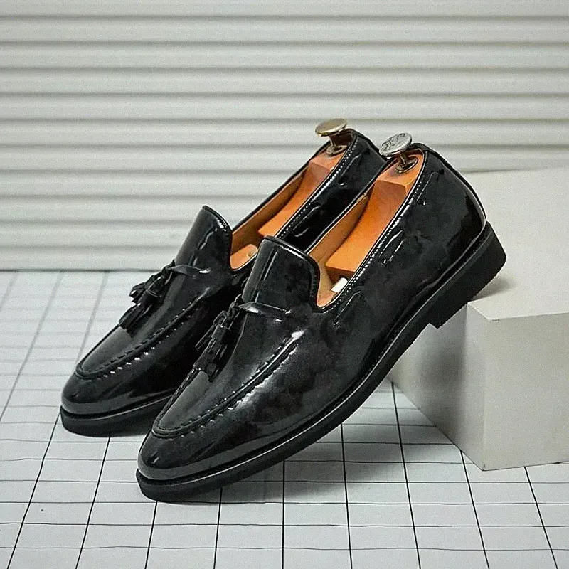 Elegante Herren Halbschuhe Jacquard mit Nappaleder Schwarz Slipper Zeremonie V8L3X