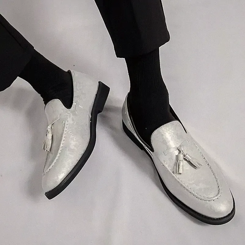 Elegante Herren Halbschuhe Jacquard mit Nappaleder Silber Slipper Zeremonie V8L3X