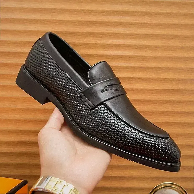 Elegante Herren Halbschuhe Schwarz Geflochten Slipper Schmal Spitze 3 cm WT964