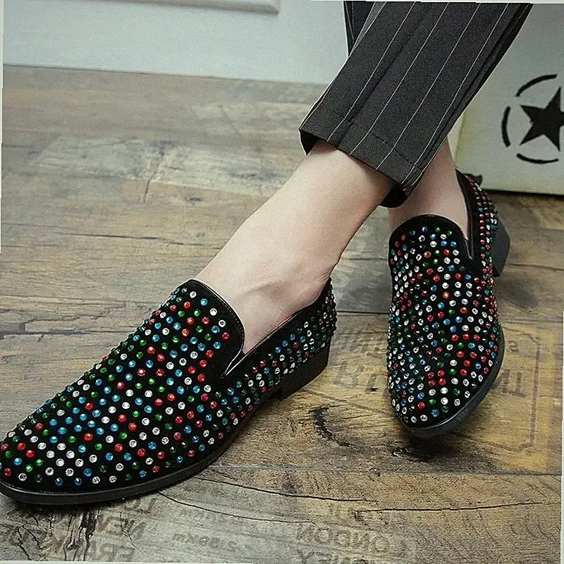 Elegante Herren Halbschuhe Slipper mit Strass Mehrfarbig Schwarz Absatz 2 cm SR841