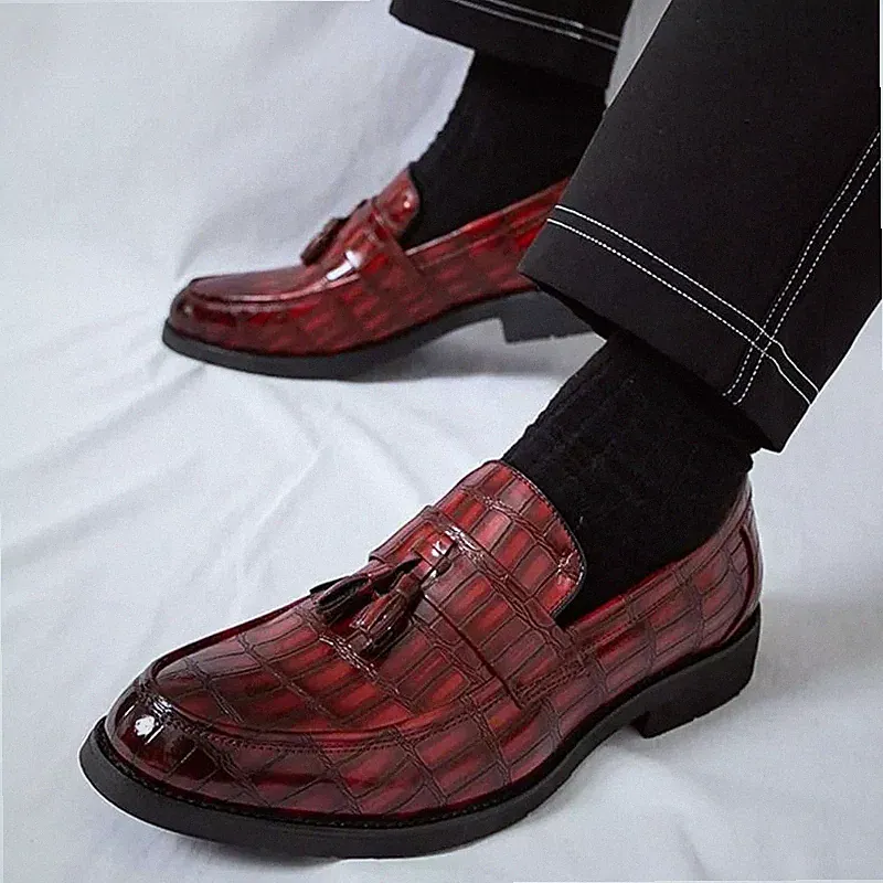Eleganter Herren Halbschuh Bordeaux Glänzend Kroko-Effekt mit Nappaleder R7K5D