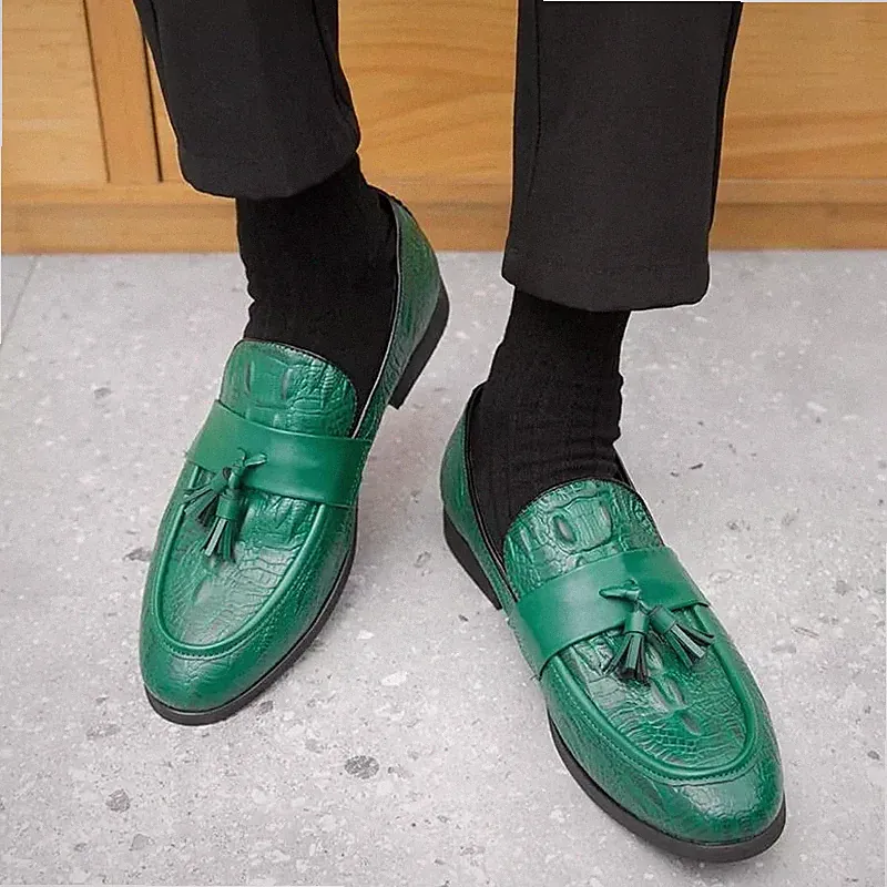 Eleganter Herren Halbschuh Grün Kroko-Optik mit Nappaleder Slipper T6R9M